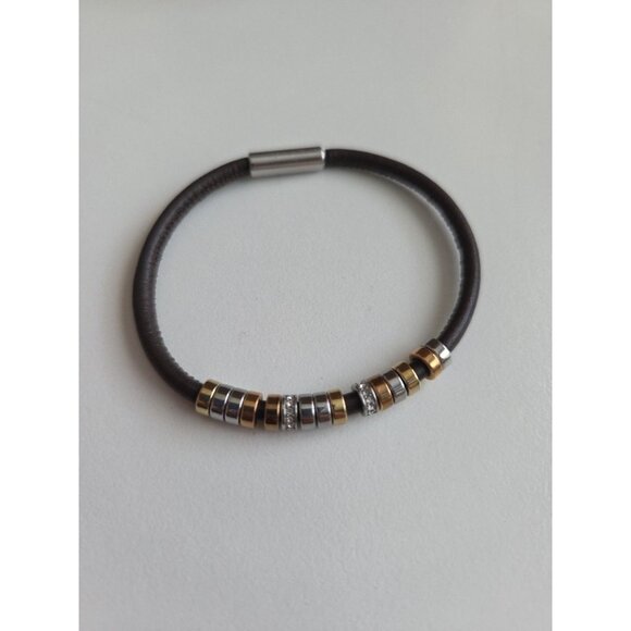 Women's FOSSIL Leather Steel Multi Color Diamond Charms Magnetic Bracelet 7.5 in - Picture 2 of 3